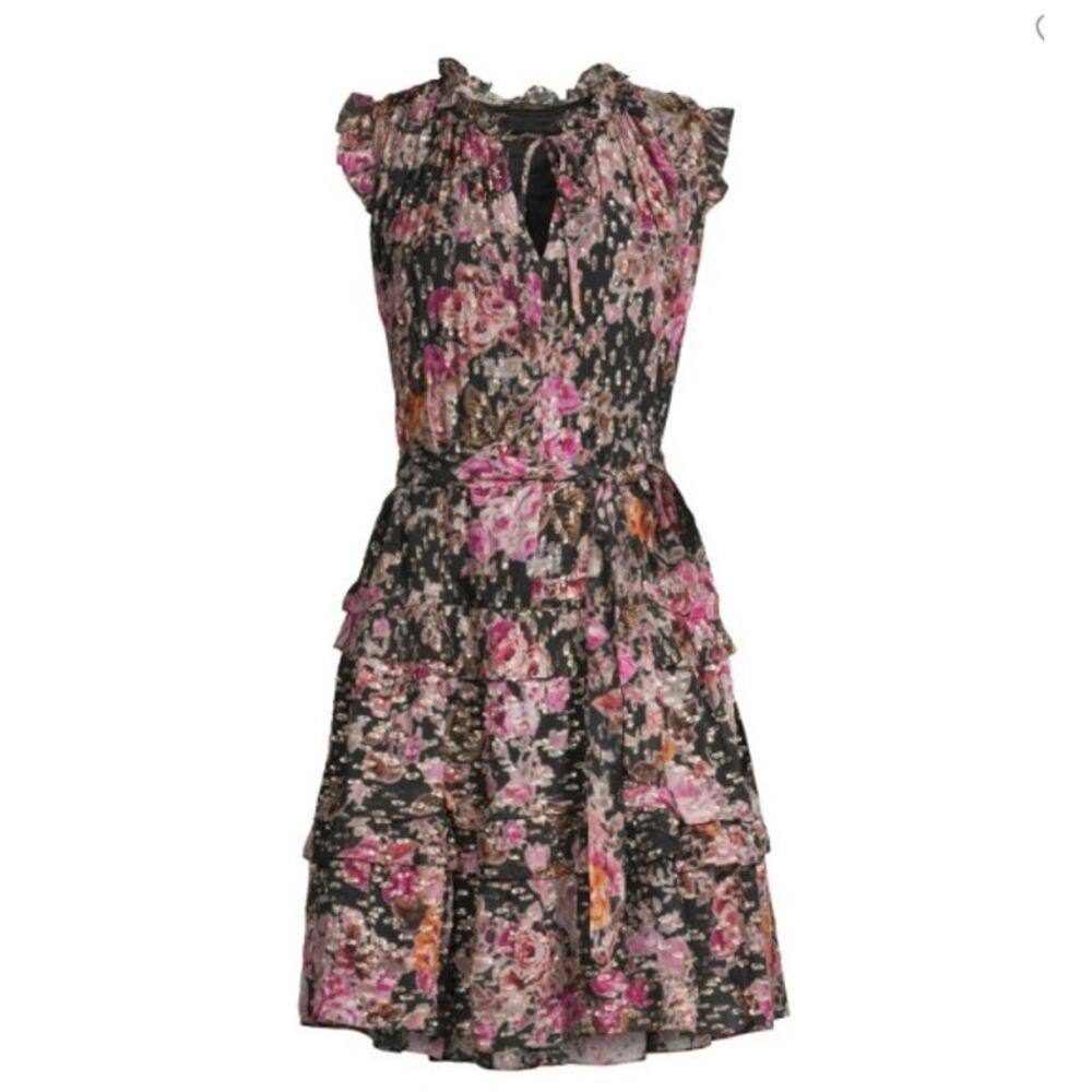 Kobi Halperin Orly Gold Silk Floral Metallic Jacquard Tiered Ruffle Dress XL